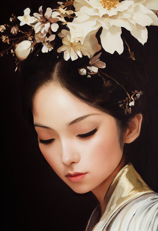 Portrait of a girl with closed eyes, young woman with flowers in the hair, close-up, printable wall art, ai illustrationの素材
