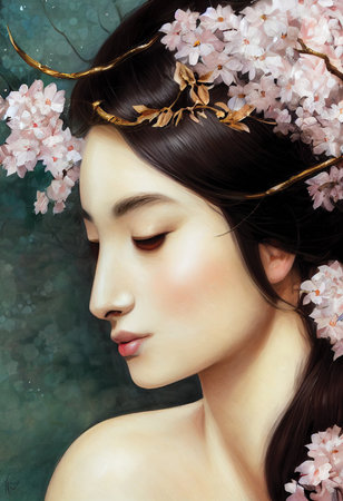 Portrait of a girl with closed eyes, young woman with flowers, close-up, printable wall art, ai illustrationの素材