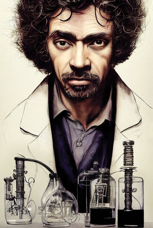 Portrait scientist in lab coat with laboratory fixtures, mad professorの素材