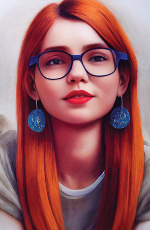 Portrait of a beautiful young girl with glasses, digital art, printable wall art, ai illustrationの素材