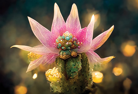 Painting of pink blooming cactus. Desert succulent flower. Digital art, printable illustration, floral backgroundの素材