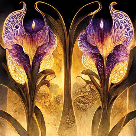 Painting of fantasy purple blooming iris flowers. Digital art, printable illustration, floral backgroundの素材
