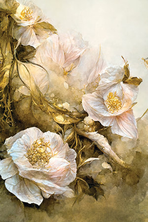 Painting of pink sepia flowers in pastel colors. Digital art, printable floral wall art, ai illustrationの素材
