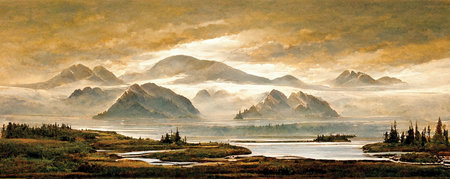 Landscapes of Alaska, sunset at the lake, panorama view. North America watercolor painting. Digital art.の素材