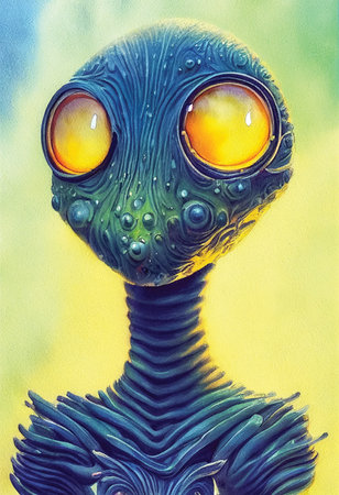 Portrait of blue alien creature with big eyes, fantasy, sci-fi cartoon illustration.の素材