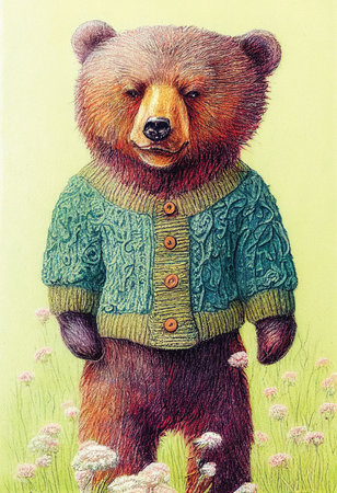 Portrait of a cute cartoon bear in a jacket on a flower field, nursery artの素材