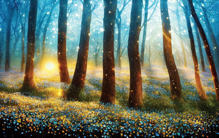 Night in the fairy tale forest, covered in blue and yellow flowers. Fantasy illustration, digital artの素材