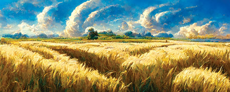 Panoramic view, summer landscape, wheat fieldの素材