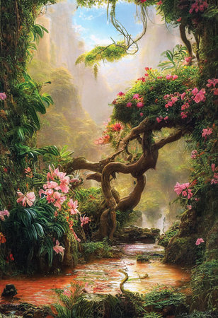 Tropical forest colorful painting with blooming trees and river. Printable wall art, jungle paintingの素材