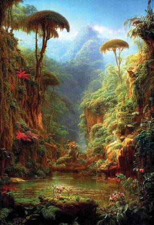 Digital art of pond scenic in the wild tropical forest. Printable wall art, jungle paintingの素材