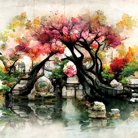 Digital art of oriental autumn garden with beautiful colorful trees and a lakeの素材