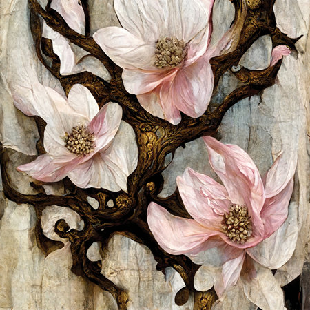 Fantasy magnolia twig with pink flowers. Digital art, printable wall art, floral background or patternの素材