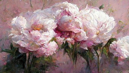 Oil painting of pink peonies flowers in a beautiful bouquet. Digital art, printable artwork, floral background or wallpaperの素材
