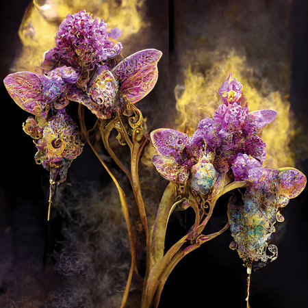 Digital art of orchid-like purple imaginary flowers. Printable wall art, floral background or patternの素材