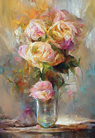 Beautiful roses flowers bouquet in a vase, oil painting, garden flowers wall art. Digital art, printable home decor art, bedroom artworkの素材