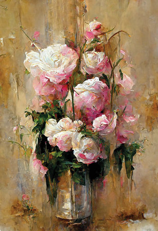 Pink roses flowers, oil painting, bouquet in a vase, garden flowers wall art. Digital art, printable home decor art, large artworkの素材