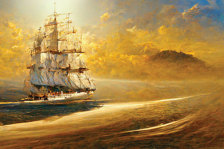 Oil painting of sailing ship on ocean in sunset. Digital art, printable home decor art, ai artworkの素材