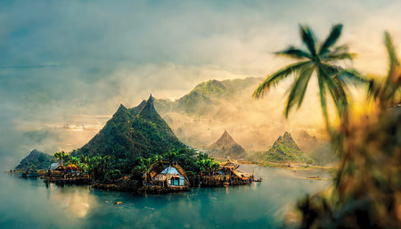 Tropical landscape. Sunrise over island in the ocean. Printable wallpaper, digital artの素材