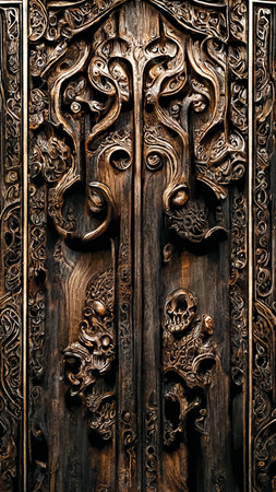Wooden carved door close-up, entrance decoration, ornament on the doorの素材