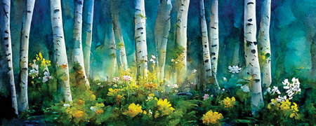 Birches grove and wildflower meadow, digital horizontal illustrationの素材