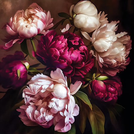 Beautiful peonies flowers bouquet crimson and cream colors, printable square oil painting, barouque styleの素材