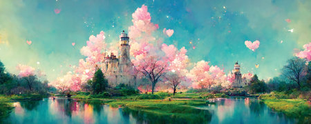 Spring paradise landscape on the river, fantasy wallpaper with pink heartsの素材