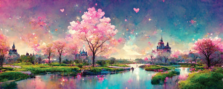Spring paradise scenery on the river, fairy tale landscape, fantasy wallpaperの素材