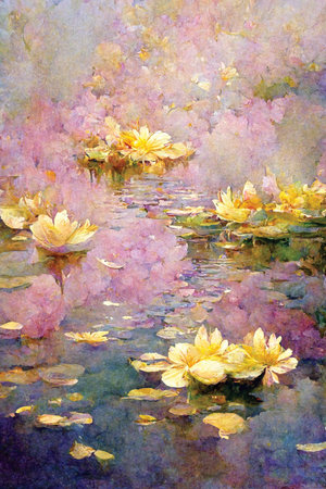 Water lilyes, yellow lily flowers, lake scenery. Printable watercolor paintingの素材