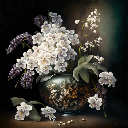Beautiful painting of white orchid flowers bouquet in a vase, printable wall art, baroque styleの素材