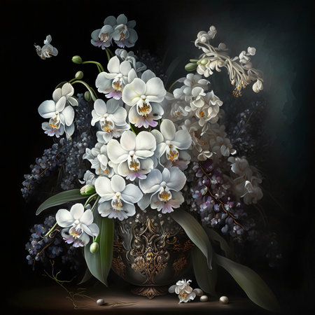 Beautiful painting of white orchid flowers bouquet in a vase, printable wall art, black backgroundの素材