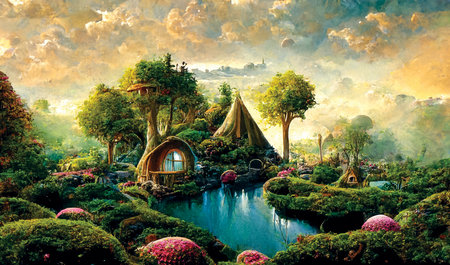 Fairyland landscape, house on the river, green flowering shores, fantasy scenery, digital illustrationの素材