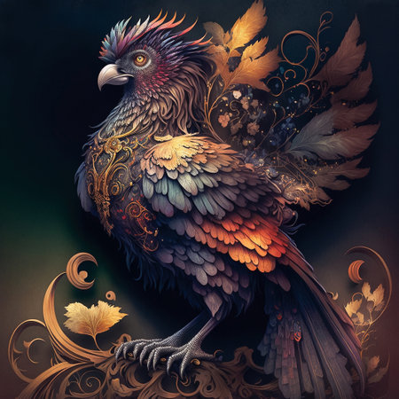Digital painting of bird on the dark background in baroque styleの素材
