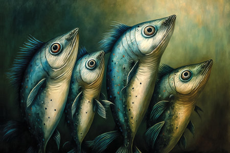 Digital surreal painting of cute comic fishes, mackerels with big eyes, fantasy wallpaperの素材