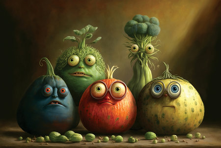 Digital surreal painting of cute vegetables with big eyes, fantasy wallpaperの素材
