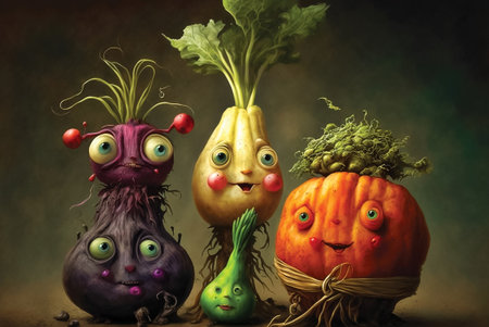 Digital surreal painting of cute vegetables with big eyes, fantasy wallpaperの素材
