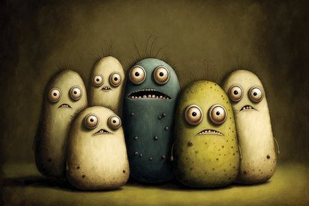 Digital painting of cute comic characters with big eyes on dark backgroundの素材