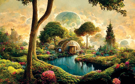 Fairyland landscape, house on the river, green flowering shores, fantasy scenery, digital illustrationの素材