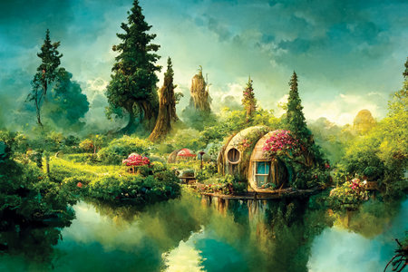 Fantasy landscape, beautiful scenery, digital illustration, wallpaper or backgroundの素材