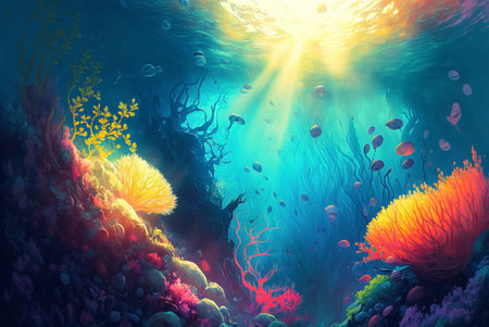 Seascape of soft coral, digital art. Sun rays through water, fantasy wallpaper or backgroundの素材