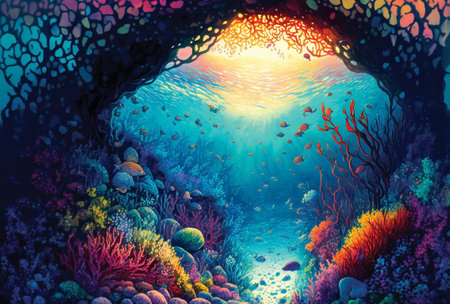 Underwater view of caribbean reef, corals and fishes. Sun rays through water, fantasy wallpaper, digital illustrationの素材