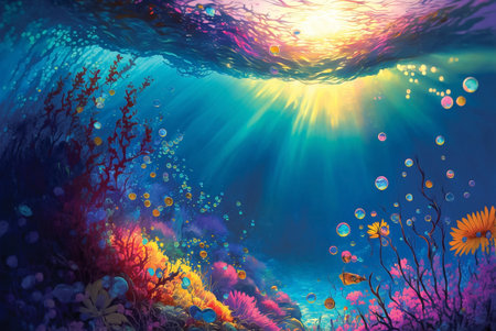 Seascape of soft coral, digital art. Sun rays through water, fantasy wallpaper or backgroundの素材