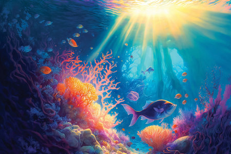 Digital illustration of underwater life, caribbean reef fishes. Sun rays through water, fantasy wallpaper or backgroundの素材