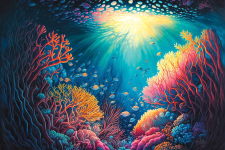 Underwater view of caribbean reef, corals and fishes. Sun rays through water, fantasy wallpaper, digital illustrationの素材