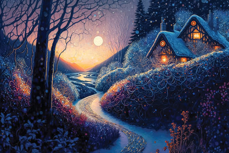 Fantasy Christmas scenery, winter landscape, wallpaper or background, digital illustration, printable artの素材