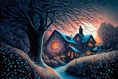 Christmas landscape, fabulous evening winter scenery, digital illustration, wallpaper or backgroundの素材