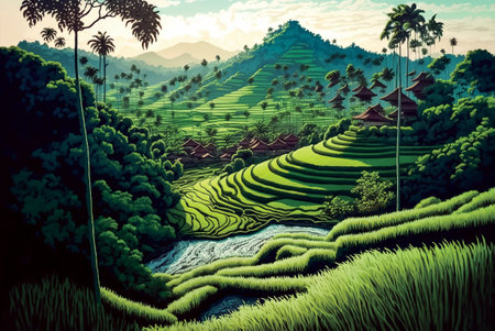 Rice terrace fields, oriental landscape illustration. Asian agriculture, china rural nature view, digital artの素材