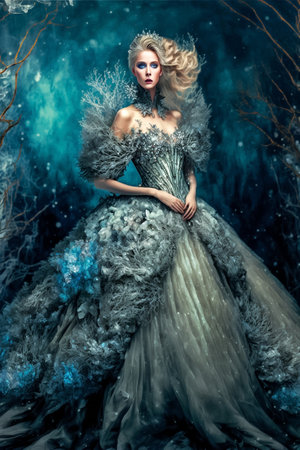 Beautiful blonde wearing a luxurious grey evening dress. High fashion, ball dress, stunning outfit, cover art or poster, portrait of a lady, digital illustrationの素材