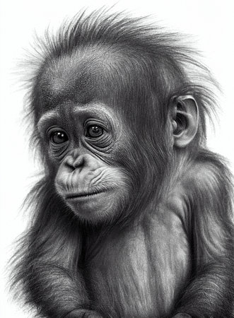 Portrait of a baby orangutan, pencil drawing, black and white digital illustration, of an ape, monkeyの素材