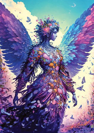 Illustration of mythological nature spirit, angel, spirit of earth or forest. Esoterics, symbol, harmony, digital illustrationの素材