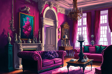 Magenta hot pink interior palace, luxury living room, digital illustrationの素材